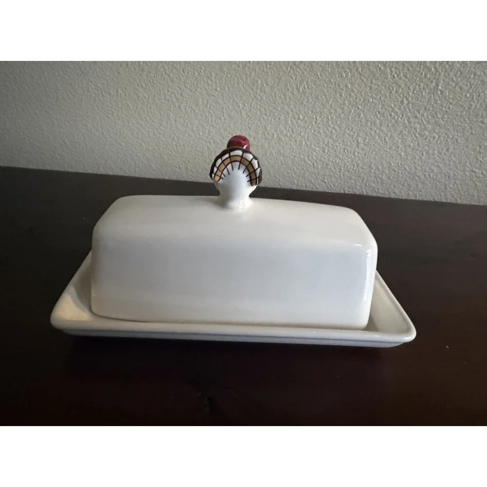 POTTERY BARN CERAMIC GOBBLE COVERED BUTTER DISH WITH TURKEY KNOB EUC